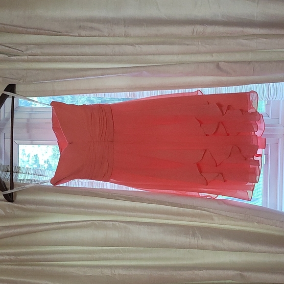 Strapless Chiffon Dress with layered skirt, style no. F14169 size 2 color: Coral - Picture 3 of 5